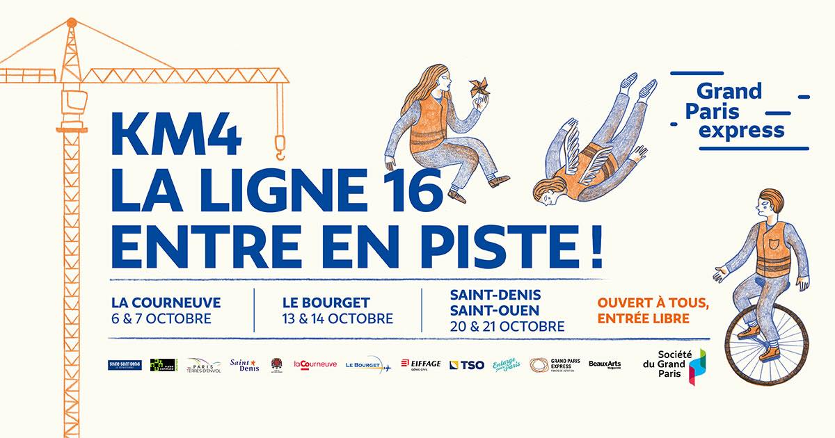 Affiche du KM4 intitulée « La ligne 16 entre en piste ! »