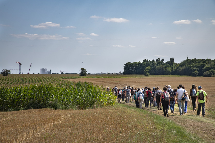 Un groupe de marcheurs aux abords de la ferme d’Orsini avec en fond le pôle universitaire du Plateau de Saclay